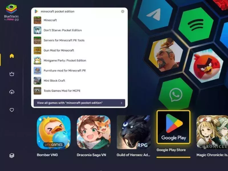 Gõ từ khóa “Minecraft” để tìm game trên BlueStacks