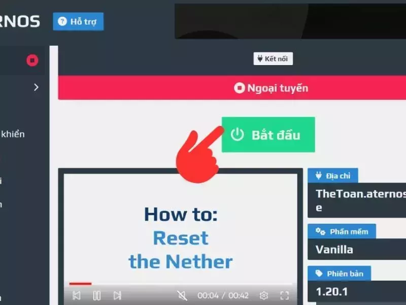 Nhấn "Bắt đầu" khởi động máy chủ để tạo server Minecraft