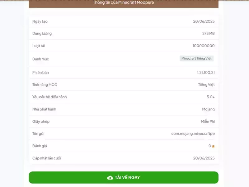 Nhấn nút "Tải về" để tải Minecraft Modpure