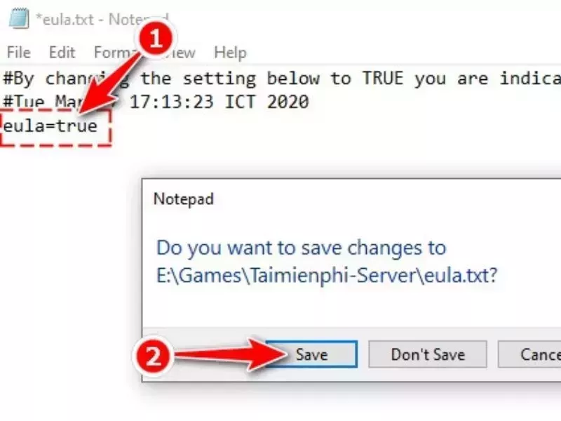 Thay đổi dòng eula=false thành eula=true trên các tệp server