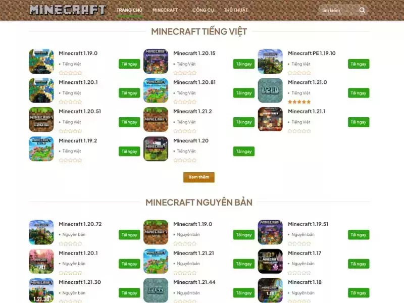 Truy cập vào MinecraftTiengViet và nhấn chọn phiên bản phù hợp