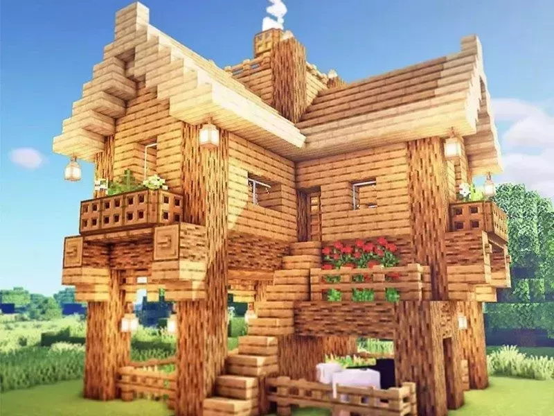 Mẫu Nhà Lầu Gỗ Trong Minecraft Hiện Đại